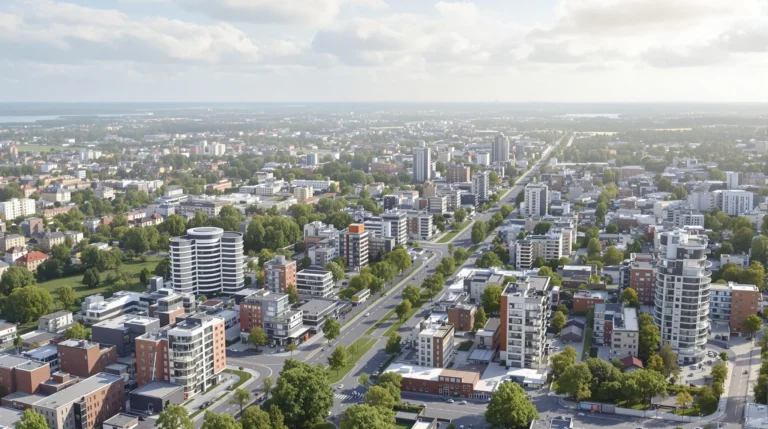 Näkymä moderniin kaupunkialueeseen, jossa on useita kerrostaloja, leveitä katuja ja runsaasti vihreitä puita pilvisenä päivänä